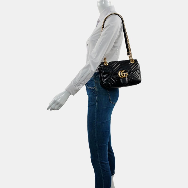 GUCCI GG Marmont 小號 黑色 牛皮 絎縫 波浪紋 單肩包 手提包-1