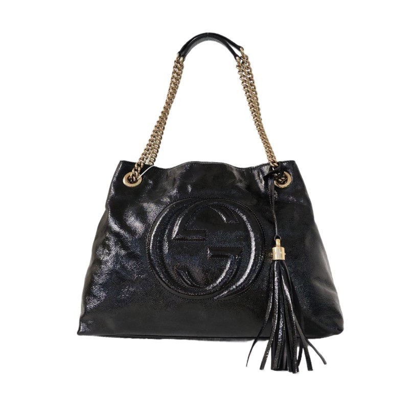 GUCCI Soho 黑色 漆皮 絎縫 流蘇 單肩包-0