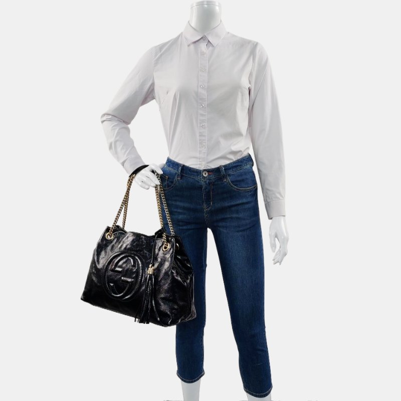 GUCCI Soho 黑色 漆皮 絎縫 流蘇 單肩包-1