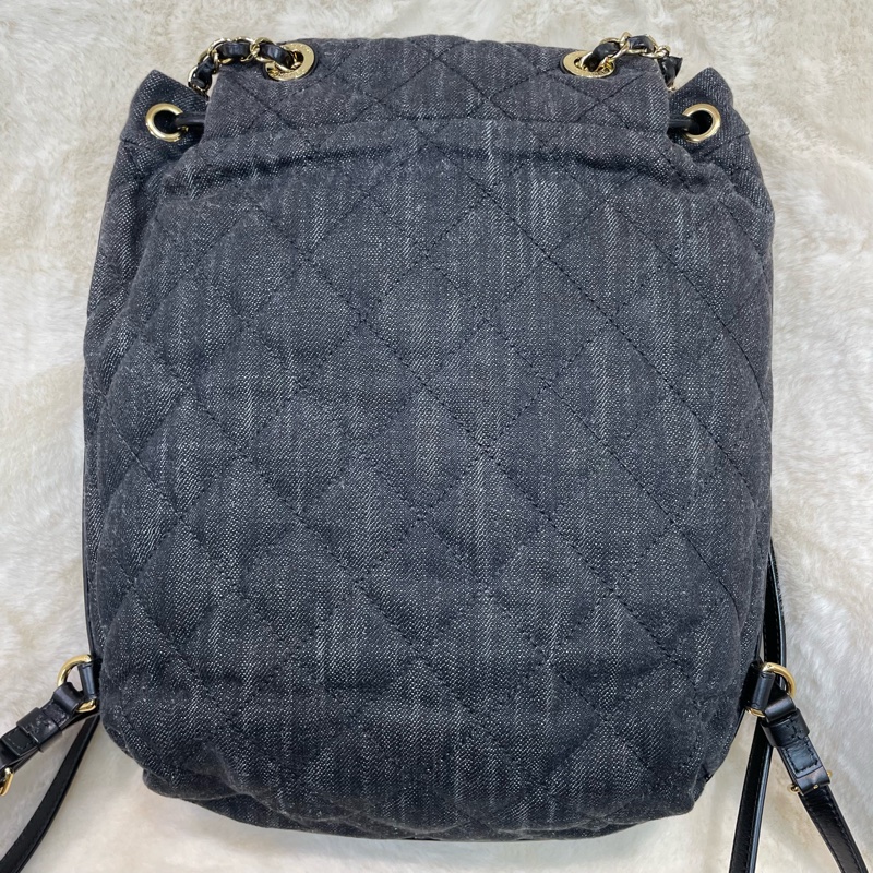 CHANEL 古巴系列黑金菱格丹寧布拼小牛皮翻蓋背包 I684-3