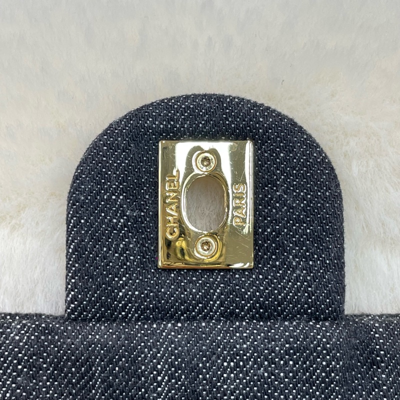CHANEL 古巴系列黑金菱格丹寧布拼小牛皮翻蓋背包 I684-23