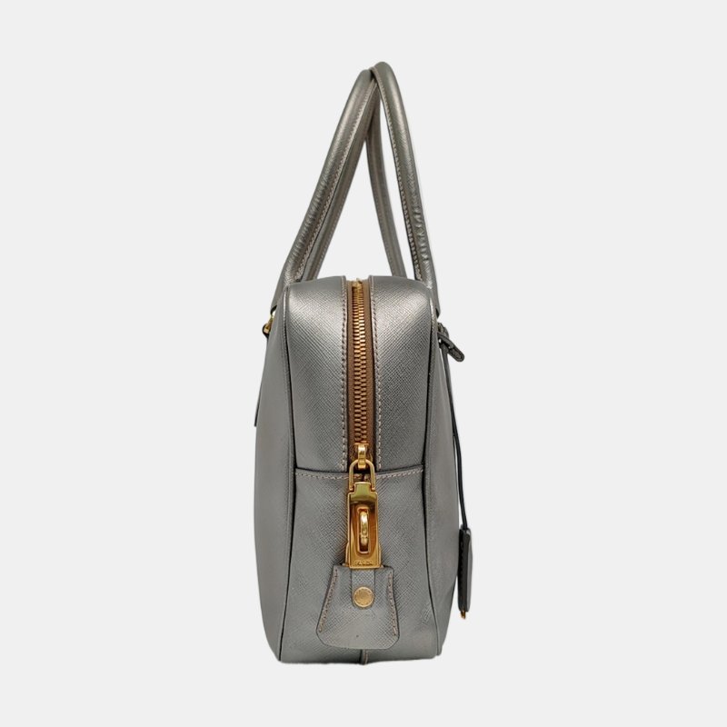 PRADA Galleria 銀灰色 牛皮 標誌 十字紋 手提包-3