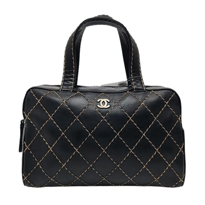 CHANEL SURPIQUE 中號 黑色 牛皮 菱格紋 手提包 中古款-0