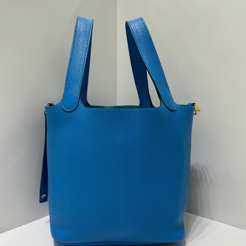 HERMES愛馬仕菜籃子22藍色C刻金扣TC皮 原始成色 附件鎖具/鑰匙 尺寸約22*21*17-0