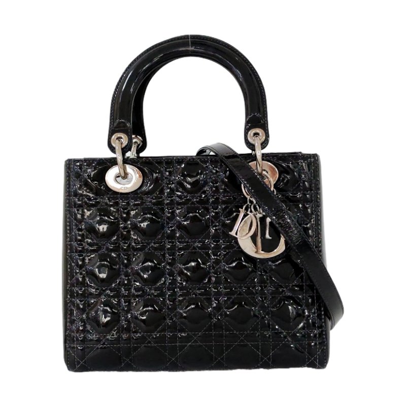 DIOR Lady Dior 中號 黑色 漆皮 藤格紋 絎縫 戴妃五格 單肩包 斜挎包 手提包 可拆卸肩帶-0