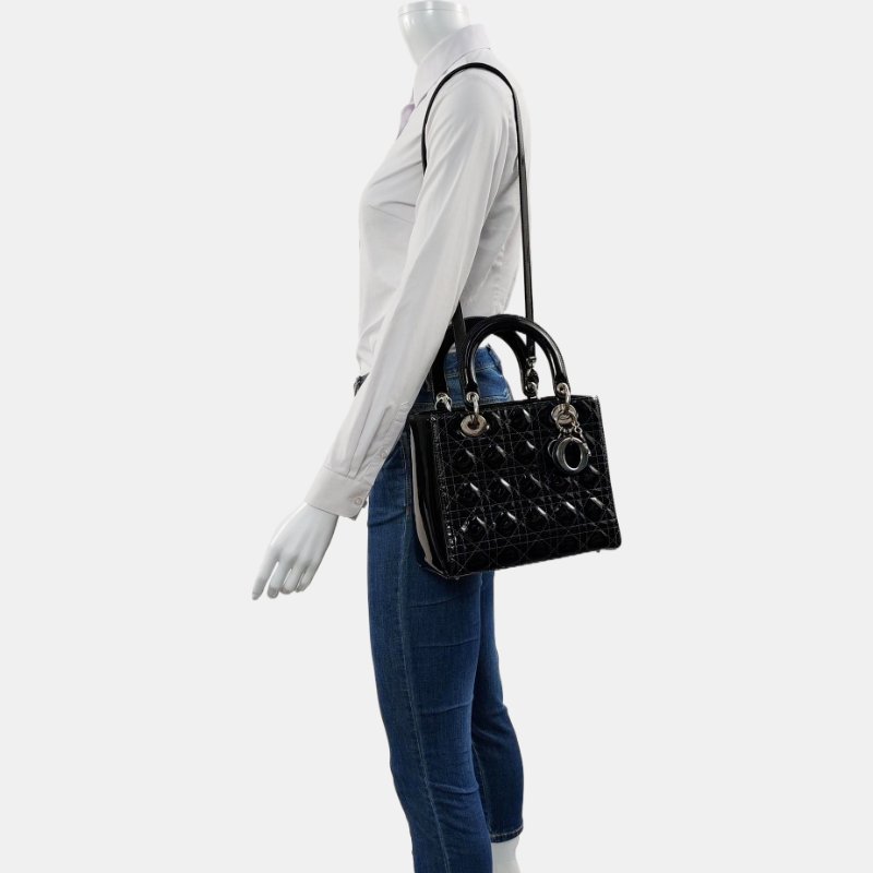 DIOR Lady Dior 中號 黑色 漆皮 藤格紋 絎縫 戴妃五格 單肩包 斜挎包 手提包 可拆卸肩帶-1