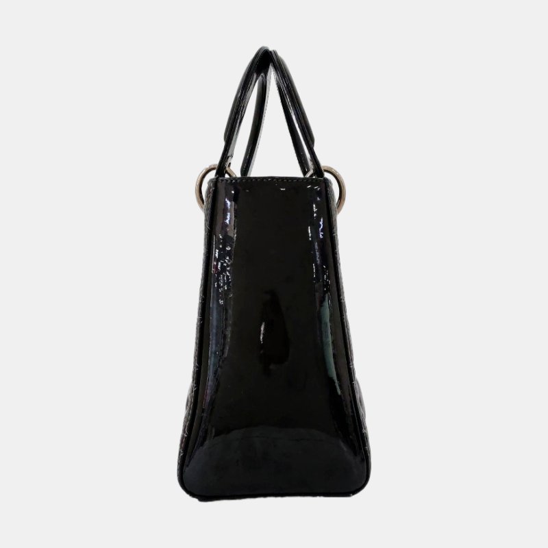 DIOR Lady Dior 中號 黑色 漆皮 藤格紋 絎縫 戴妃五格 單肩包 斜挎包 手提包 可拆卸肩帶-3