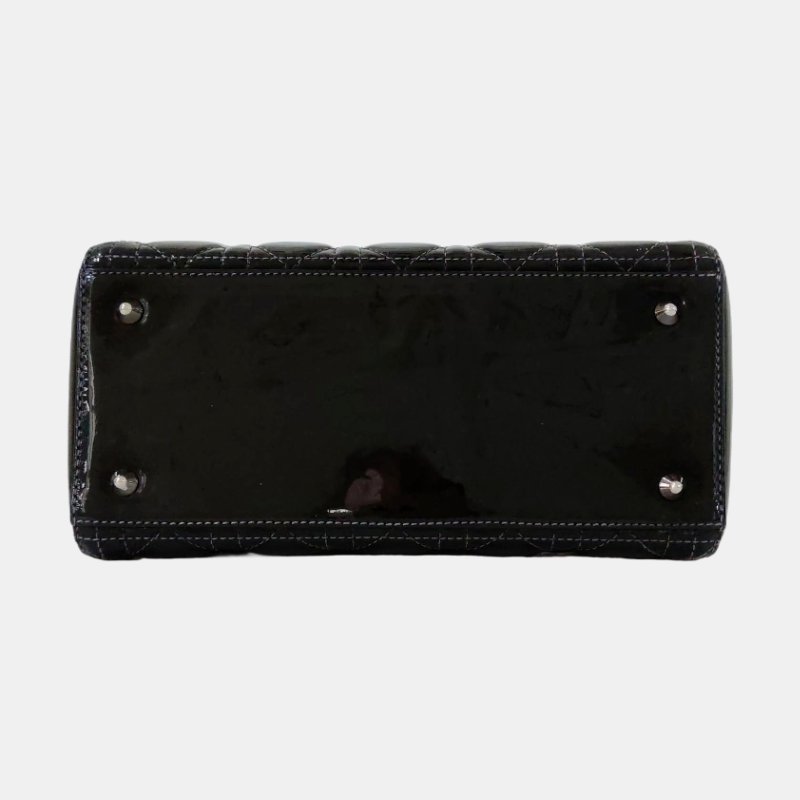 DIOR Lady Dior 中號 黑色 漆皮 藤格紋 絎縫 戴妃五格 單肩包 斜挎包 手提包 可拆卸肩帶-5