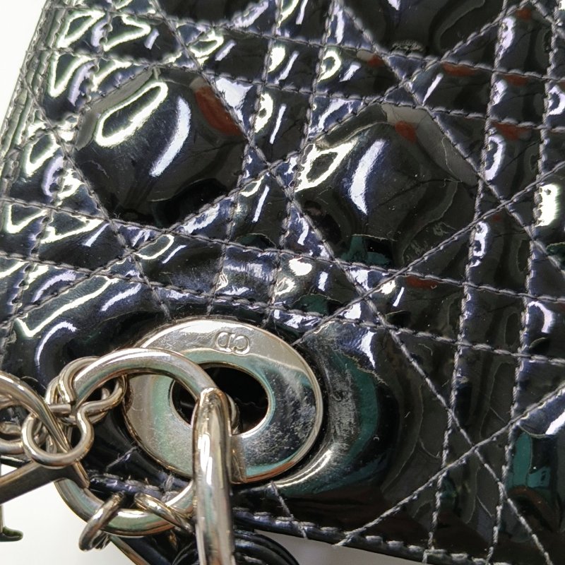 DIOR Lady Dior 中號 黑色 漆皮 藤格紋 絎縫 戴妃五格 單肩包 斜挎包 手提包 可拆卸肩帶-8