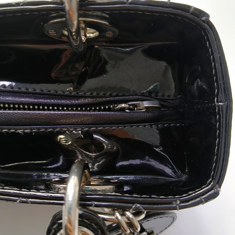 DIOR Lady Dior 中號 黑色 漆皮 藤格紋 絎縫 戴妃五格 單肩包 斜挎包 手提包 可拆卸肩帶-15