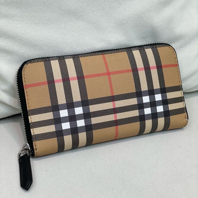 BURBERRY 啡色格子拉鍊長夾 O691-0