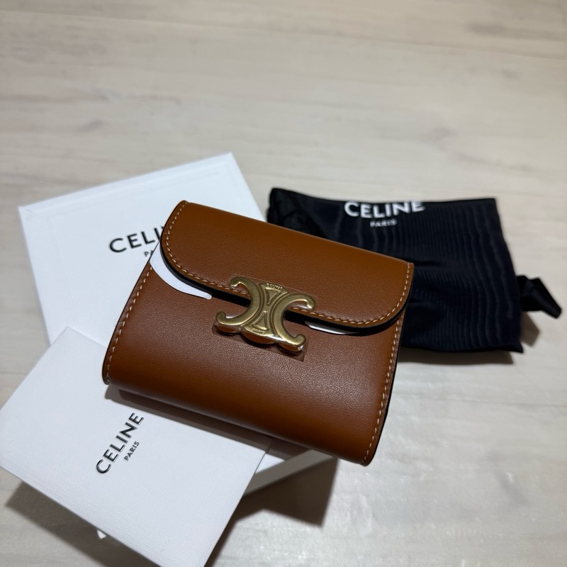 全新CELINE凱旋門棕色三折中夾-11
