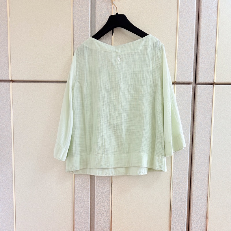 19)義大利精品European Culture 酪梨牛奶綠棉麻7-8分袖上衣 全新含吊牌原價9200-1