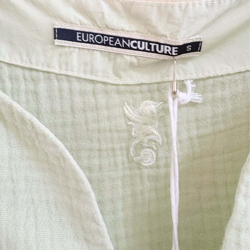 19)義大利精品European Culture 酪梨牛奶綠棉麻7-8分袖上衣 全新含吊牌原價9200-2