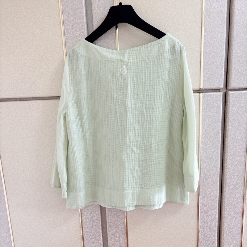19)義大利精品European Culture 酪梨牛奶綠棉麻7-8分袖上衣 全新含吊牌原價9200-8