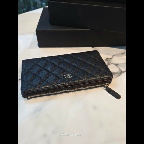 香奈兒 Chanel 荔枝牛皮金釦 雙C logo 對開長夾  拉鍊長夾 芯片款