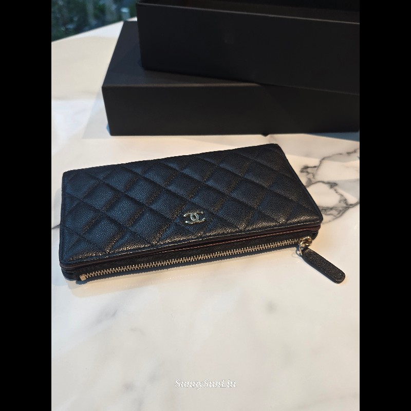 香奈兒 Chanel 荔枝牛皮金釦 雙C logo 對開長夾  拉鍊長夾 芯片款-0