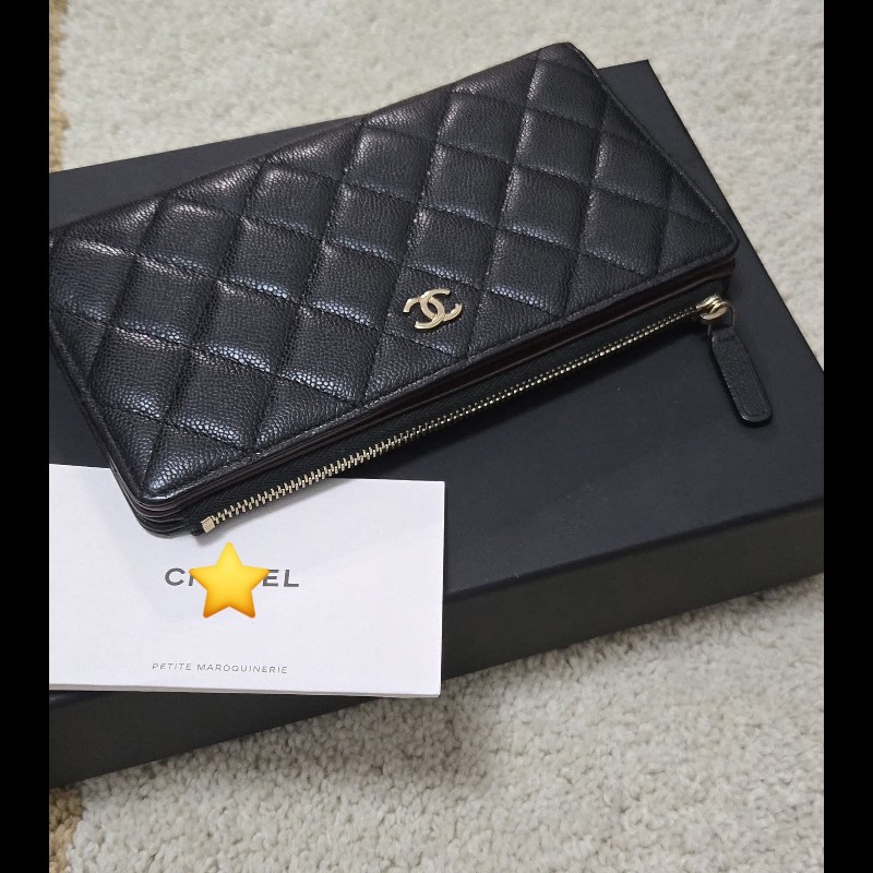 香奈兒 Chanel 荔枝牛皮金釦 雙C logo 對開長夾  拉鍊長夾 芯片款-3