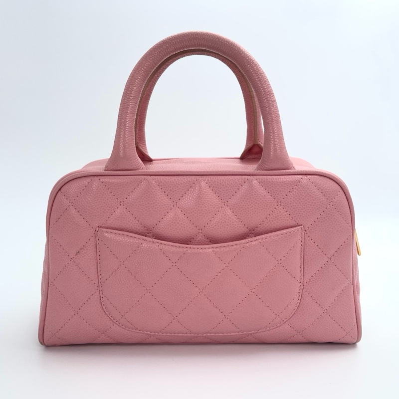 「JL精品代購」 香奈兒櫻花粉荔枝牛皮保齡球手提包小號-1