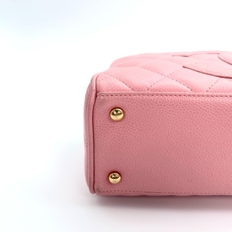 「JL精品代購」 香奈兒櫻花粉荔枝牛皮保齡球手提包小號-5