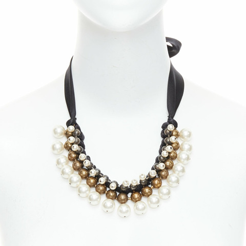 LANVIN Collier multi pearl beads black ribbon statement necklace
