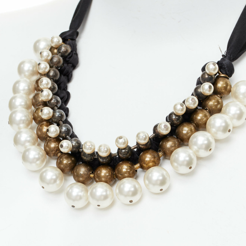 LANVIN Collier multi pearl beads black ribbon statement necklace-1