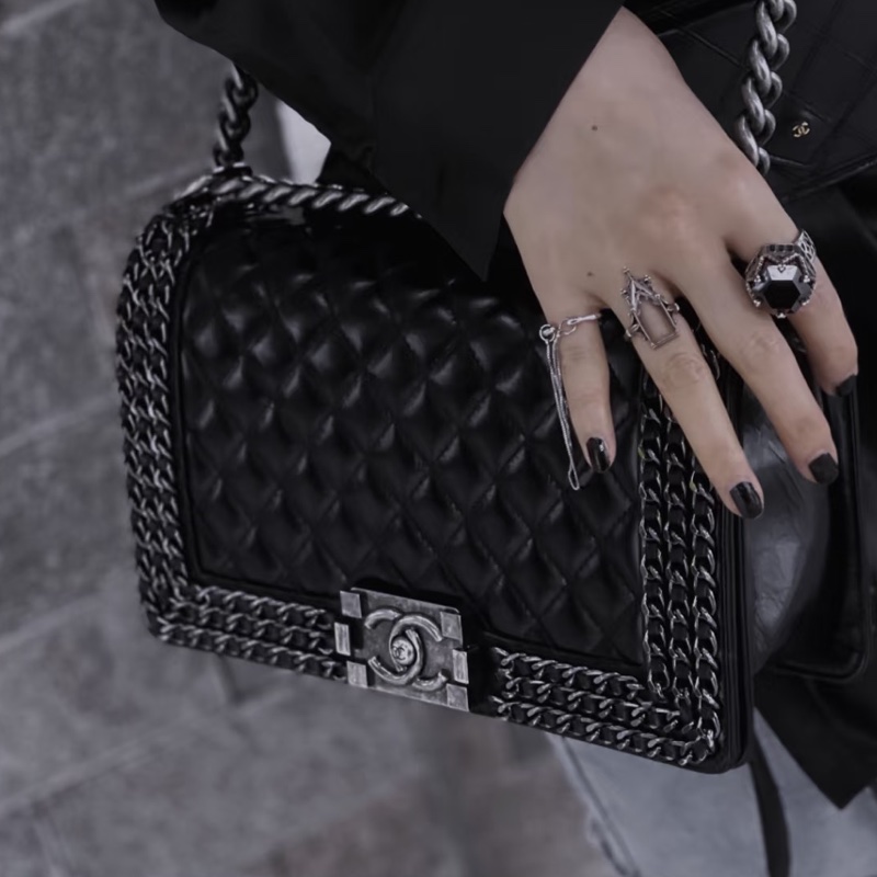 全網最低價😍Chanel黑銀油蠟皮滾邊鏈條leboy中號單肩斜挎包⛓️-5