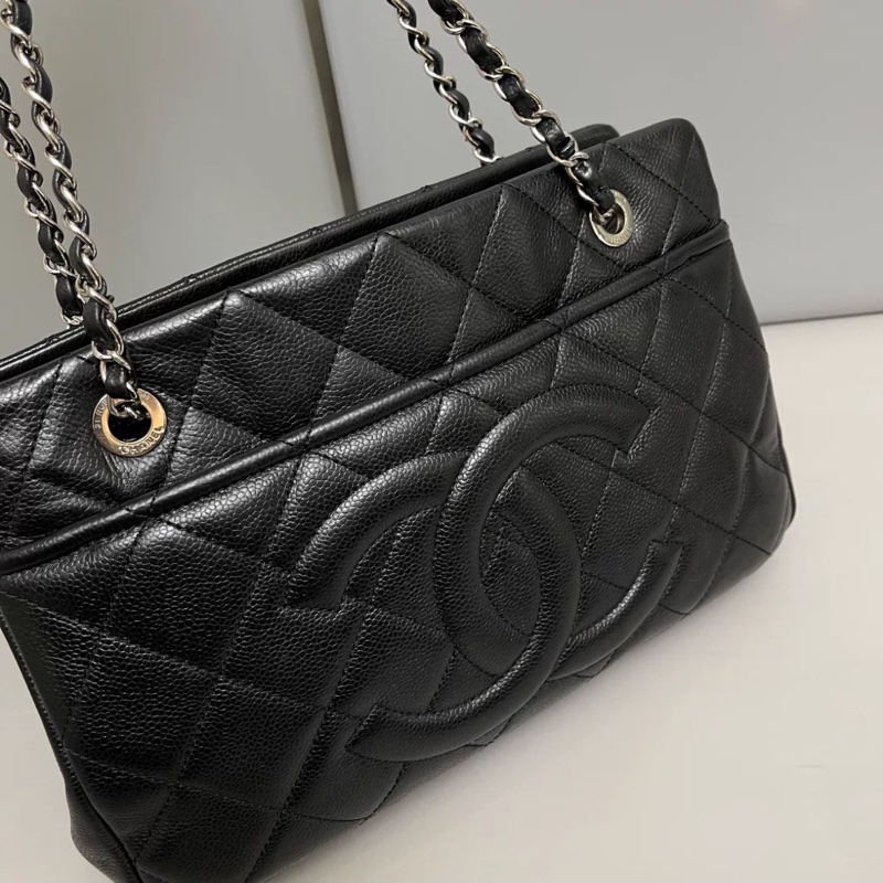 超夯爆款🥹Chanel黑銀荔枝牛皮中號托特手提單肩包👜-10