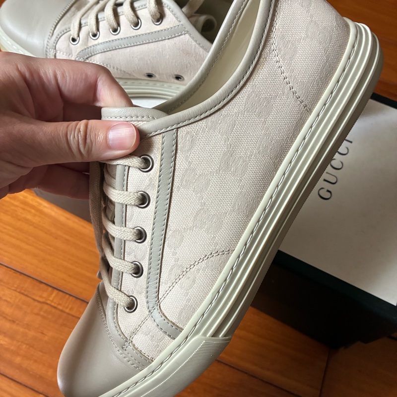 GUCCI GG logo提花米白帆布鞋 男鞋-5