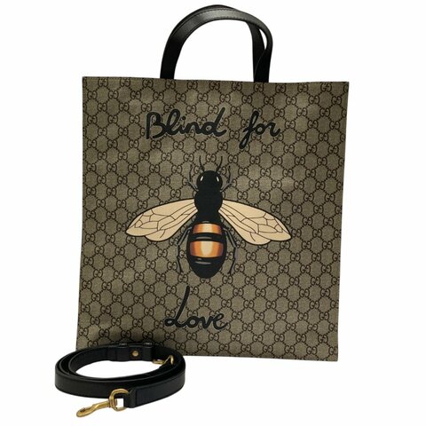 GUCCI 古馳 450950 GG Supreme BEE 可斜背 PVC帆布 手提包 卡其色老花
