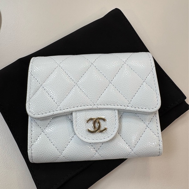全新 Chanel三折短夾 錢包 淺藍色2025.5月購-5