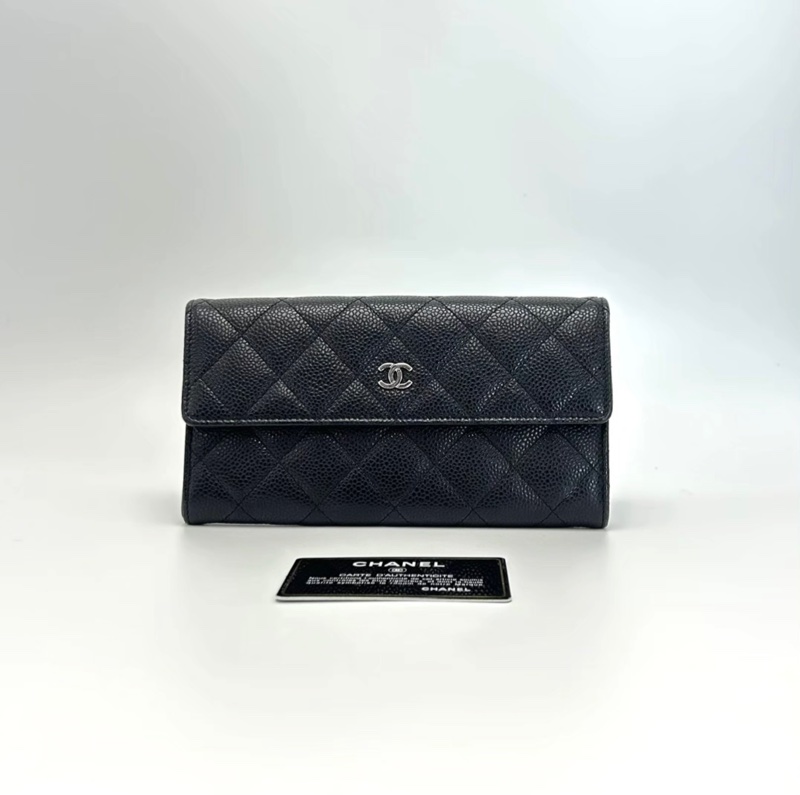 Chanel /香奈兒 CF黑眼荔枝牛皮長款錢夾 19*10*2.2-0