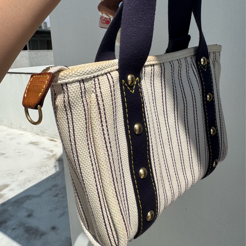 Louis Vuitton LV小金牌條紋帆布手提包-8