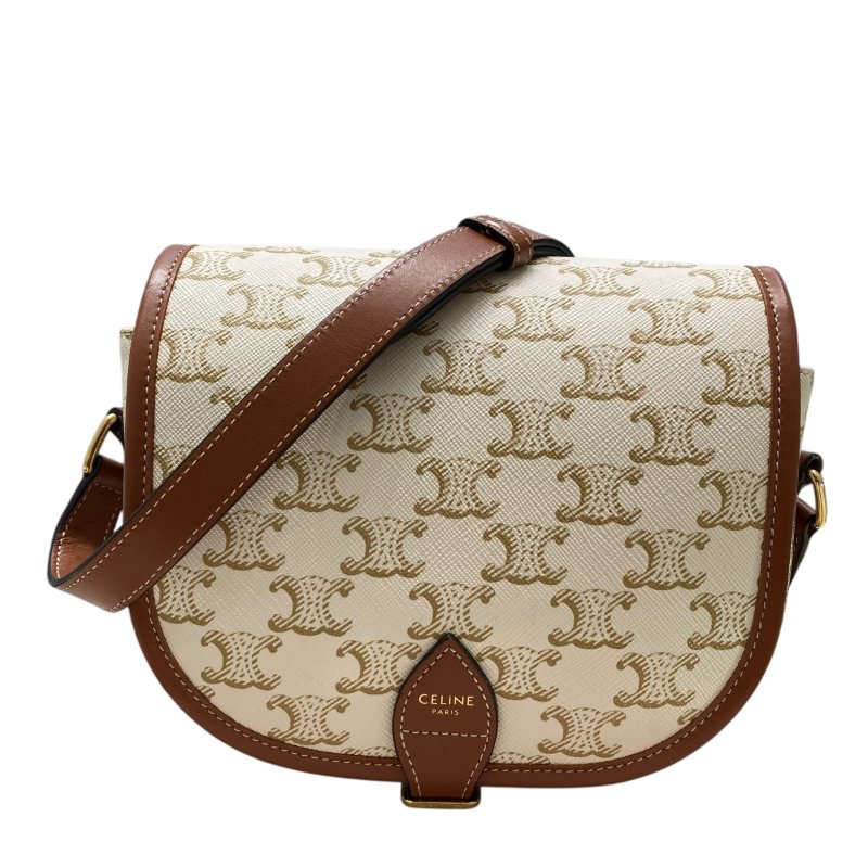 CELINE 賽琳 Folco In Medium Triomphe帆布 皮革 肩背包 白色老花 金棕色-0