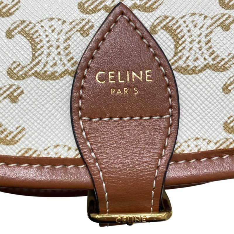 CELINE 賽琳 Folco In Medium Triomphe帆布 皮革 肩背包 白色老花 金棕色-14