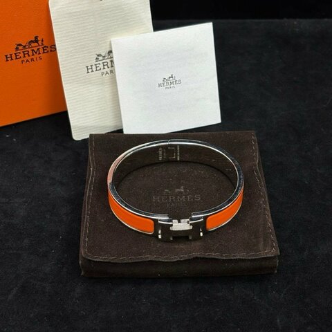 HERMES 橙色銀扣Clic H手鐲15.5cm 98新配件盒子塵袋