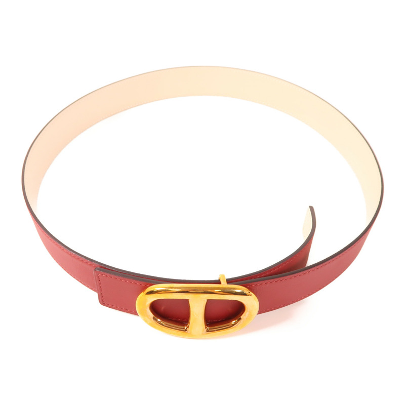 HERMES Swift/Epsom皮革Belt金扣皮帶White/Red-4
