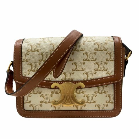 CELINE 賽琳 Teen 可斜背 Triomphe帆布 皮革 肩背包 白色老花 金棕色