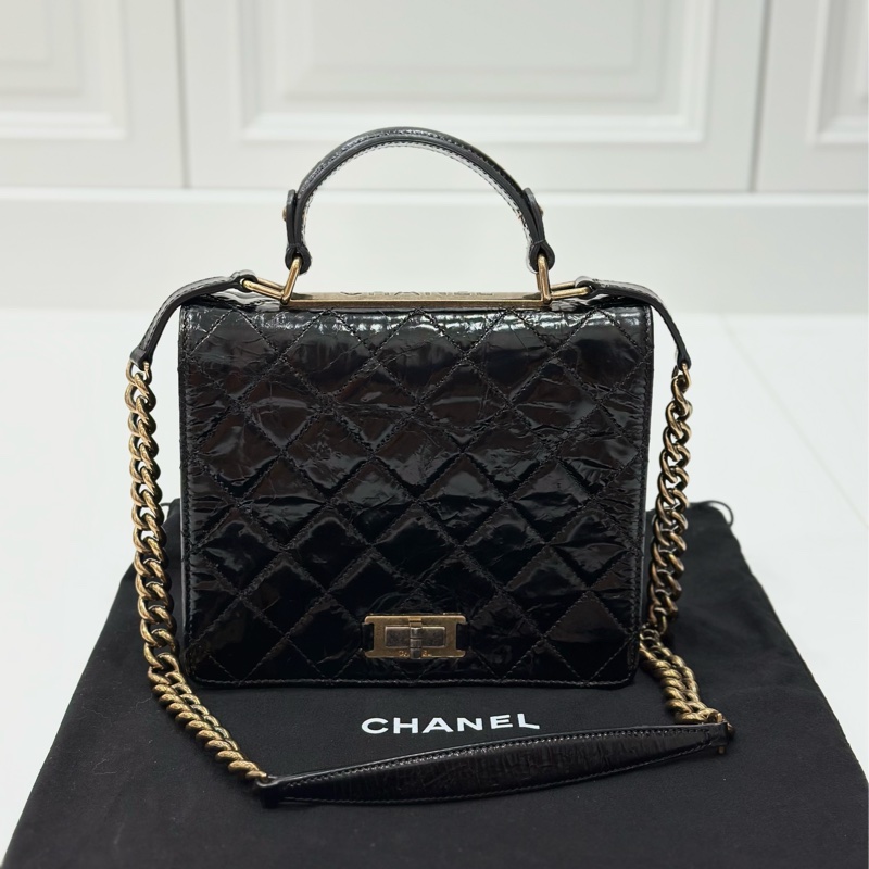 Chanel 香奈兒 黑金 2.55 handle 油蠟牛皮 風琴包 方盒子 斜背包 手提包 肩背包 鍊條包 側背包-0