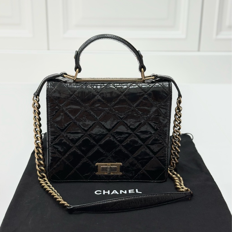Chanel 香奈兒 黑金 2.55 handle 油蠟牛皮 風琴包 方盒子 斜背包 手提包 肩背包 鍊條包 側背包-1