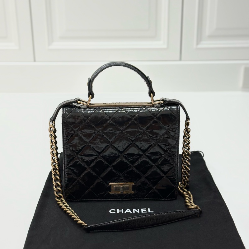 Chanel 香奈兒 黑金 2.55 handle 油蠟牛皮 風琴包 方盒子 斜背包 手提包 肩背包 鍊條包 側背包-8