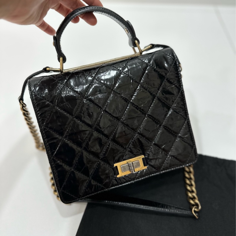 Chanel 香奈兒 黑金 2.55 handle 油蠟牛皮 風琴包 方盒子 斜背包 手提包 肩背包 鍊條包 側背包-12
