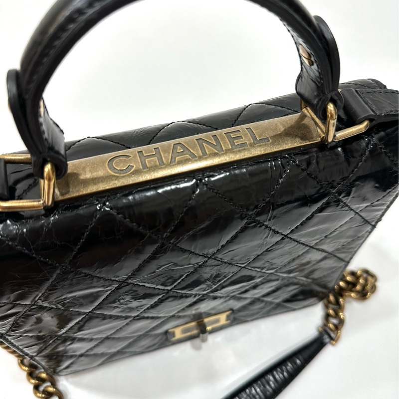 Chanel 香奈兒 黑金 2.55 handle 油蠟牛皮 風琴包 方盒子 斜背包 手提包 肩背包 鍊條包 側背包-21