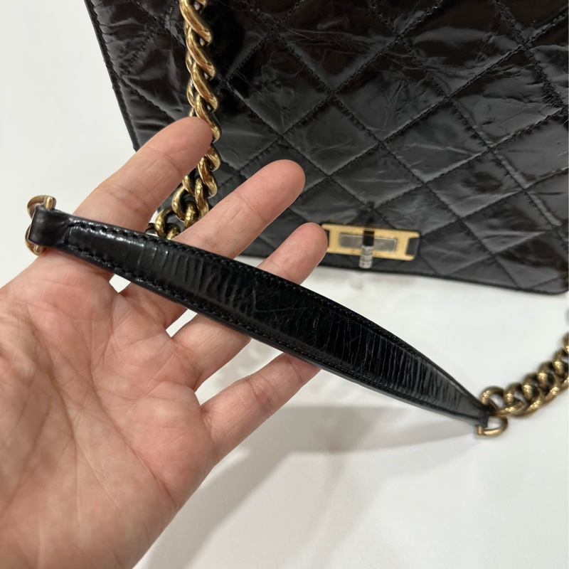 Chanel 香奈兒 黑金 2.55 handle 油蠟牛皮 風琴包 方盒子 斜背包 手提包 肩背包 鍊條包 側背包-25