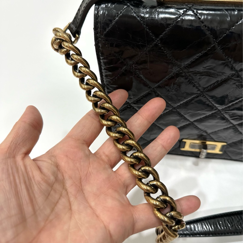 Chanel 香奈兒 黑金 2.55 handle 油蠟牛皮 風琴包 方盒子 斜背包 手提包 肩背包 鍊條包 側背包-27