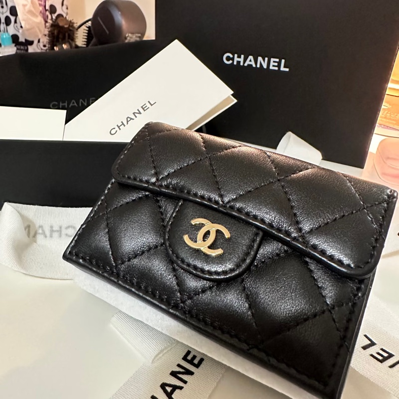 Chanel 小羊皮 黑金 三折短夾-0