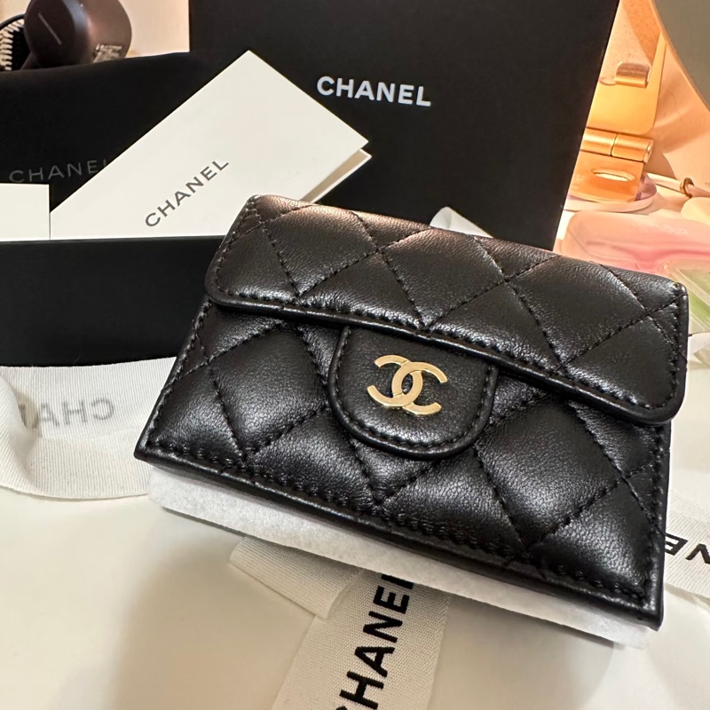 Chanel 小羊皮 黑金 三折短夾-1