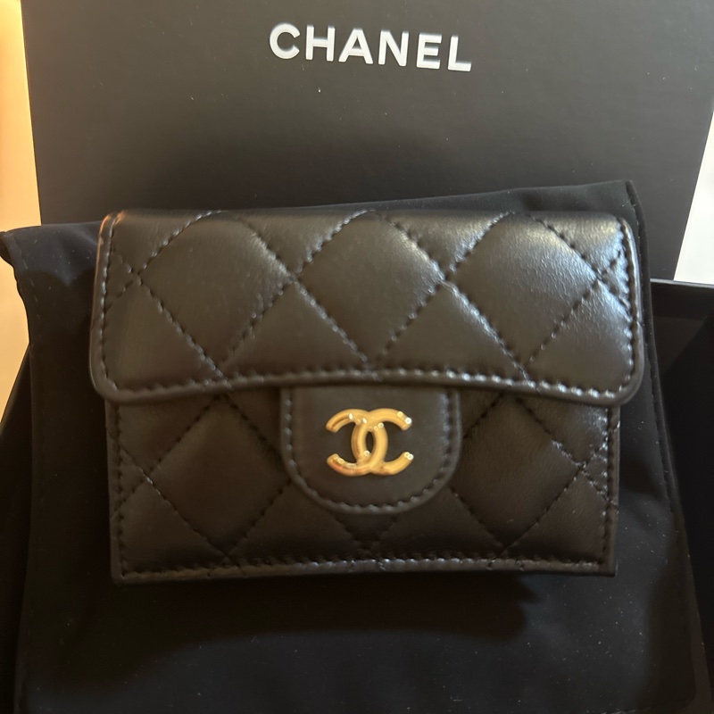 Chanel 小羊皮 黑金 三折短夾-5