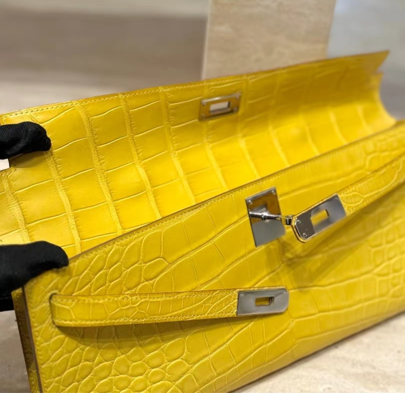 Hermes kelly cut m9金盞花黃 銀扣 霧面  方塊鰐魚 99新 框R-1