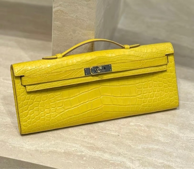 Hermes kelly cut m9金盞花黃 銀扣 霧面  方塊鰐魚 99新 框R-3